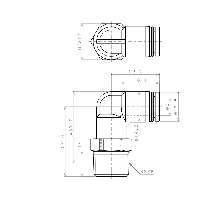 Đầu Nối Nhanh Khí Nén Dạng Cong 90° Ren Ngoài Pisco PPL8-03-HN-TP_drawing