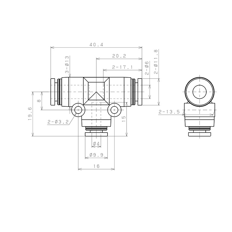 Đầu Nối Nhanh Khí Nén Chữ T Dạng Nối Giảm Pisco PPEG6-4_drawing
