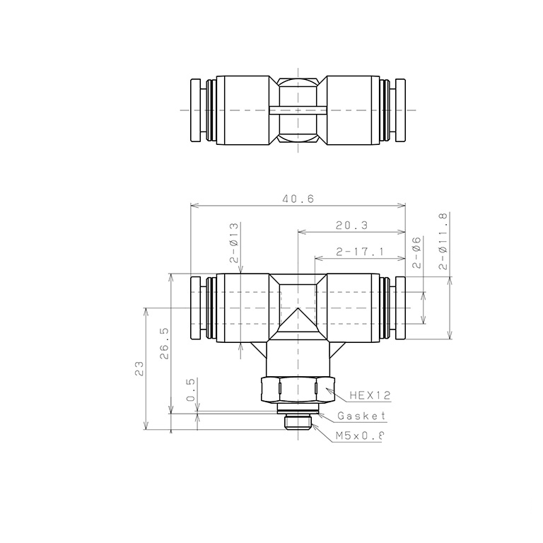 Đầu Nối Nhanh Khí Nén Dạng Chữ T Ren Ngoài Pisco PPB6-M5SUS-C_drawing