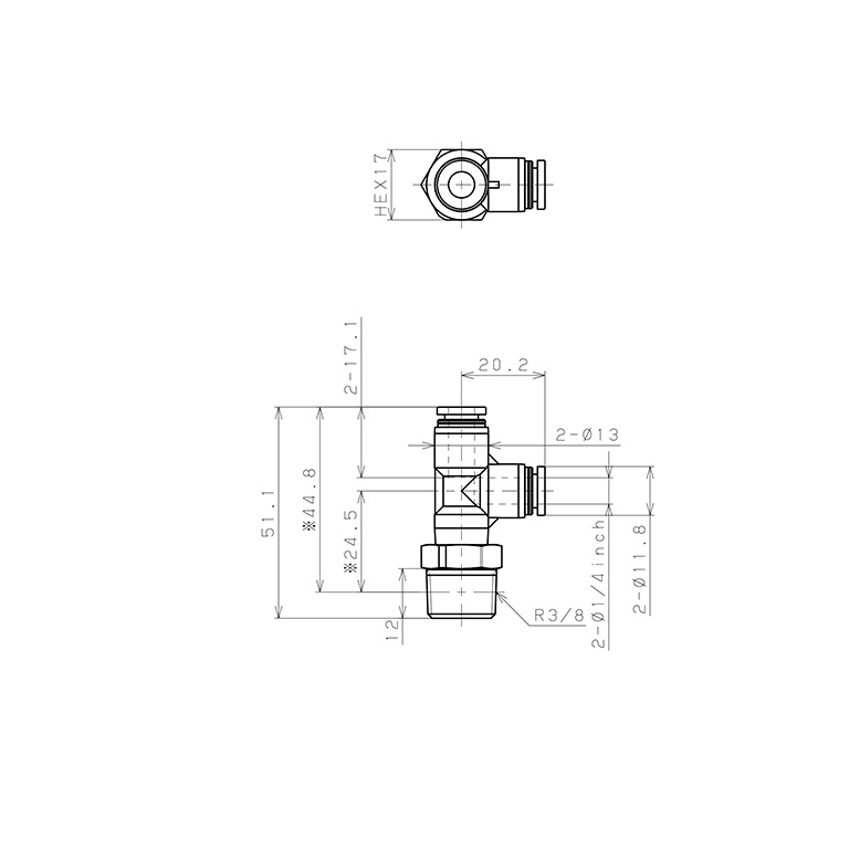 Đầu Nối Nhanh Khí Nén Dạng Chữ T Ren Ngoài Pisco PPD1/4-03-HN_drawing