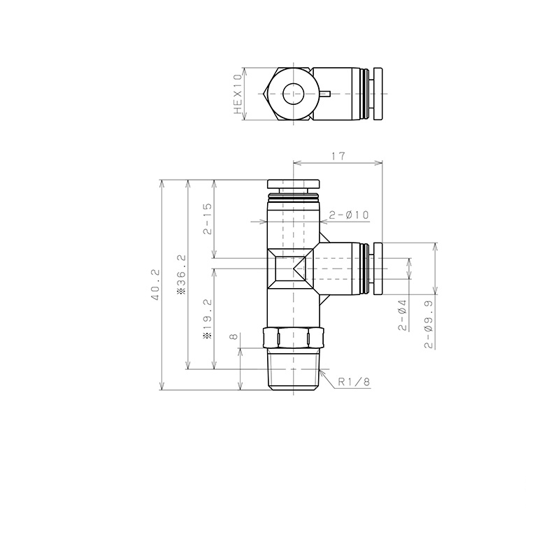 Đầu Nối Nhanh Khí Nén Dạng Chữ T Ren Ngoài Pisco PPD4-01SUS-S-C_drawing