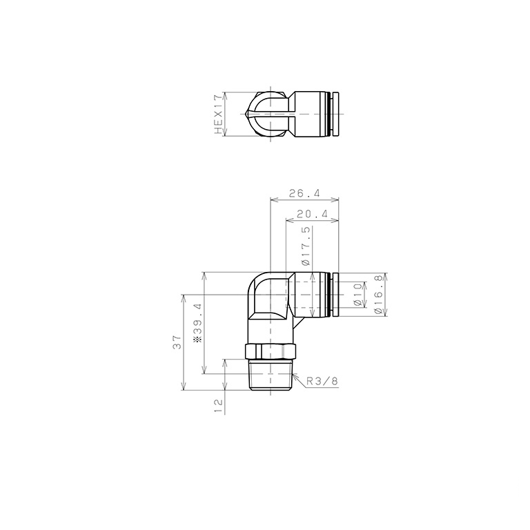 Đầu Nối Nhanh Khí Nén Dạng Cong 90° Ren Ngoài Pisco PPL10-03-UC_drawing