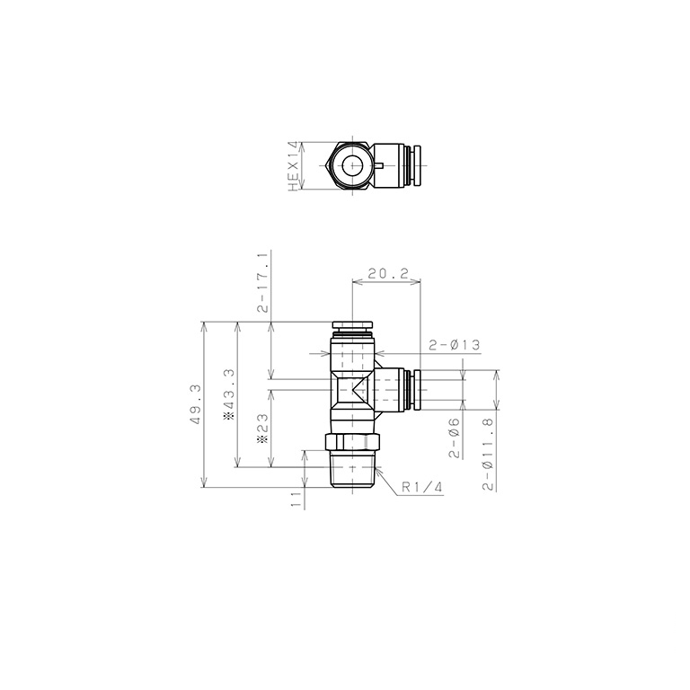 Đầu Nối Nhanh Khí Nén Dạng Chữ T Ren Ngoài Pisco PPD6-02-TP-C_drawing