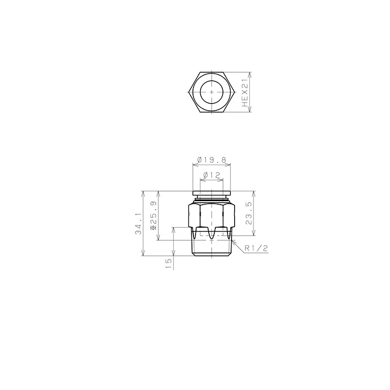 Đầu Nối Nhanh Khí Nén Dạng Thẳng Thân Lục Giác Ren Ngoài Pisco PPC12-04SUS-HN_drawing