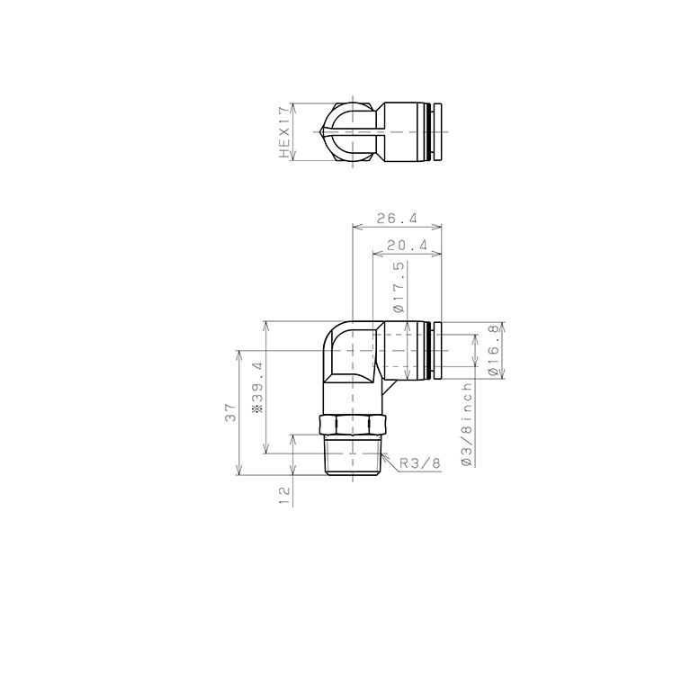 Đầu Nối Nhanh Khí Nén Dạng Cong 90° Ren Ngoài Pisco PPL3/8-03SUS_drawing