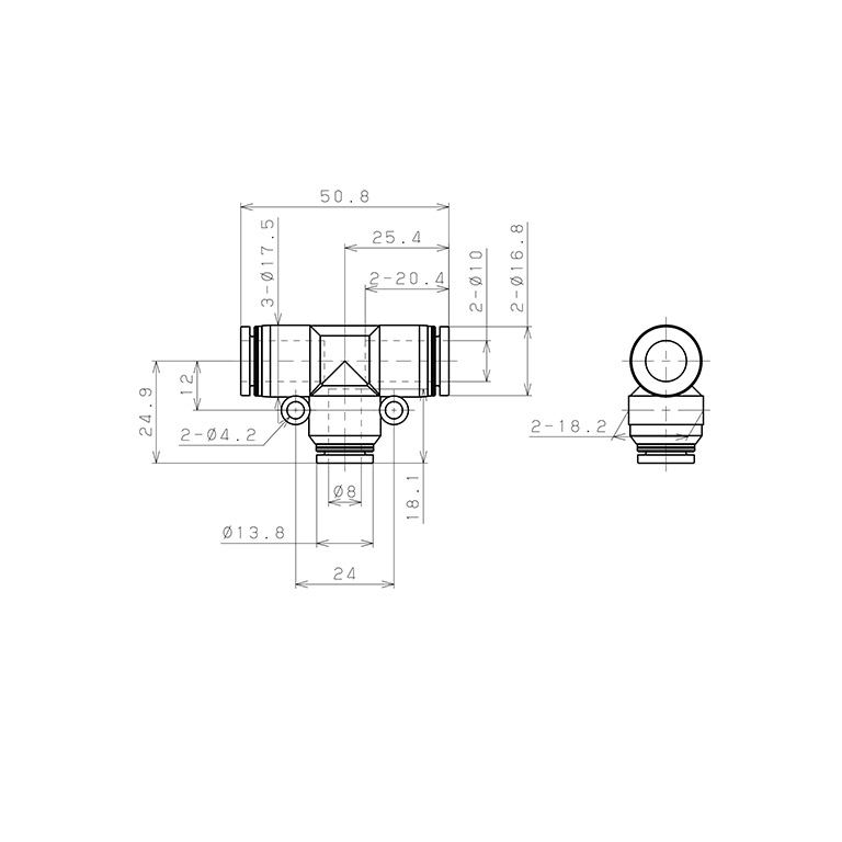 Đầu Nối Nhanh Khí Nén Chữ T Dạng Nối Giảm Pisco PPEG10-8-UC_drawing