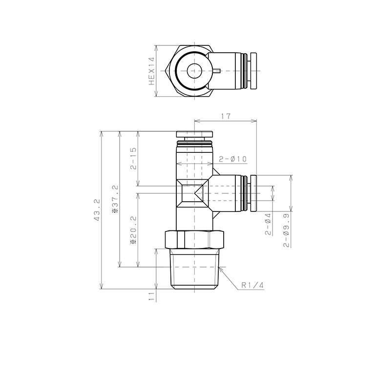 Đầu Nối Nhanh Khí Nén Dạng Chữ T Ren Ngoài Pisco PPD4-02-C_drawing