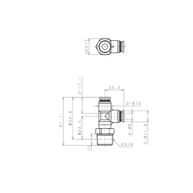 Đầu Nối Nhanh Khí Nén Dạng Chữ T Ren Ngoài Pisco PPD6-03-C_drawing