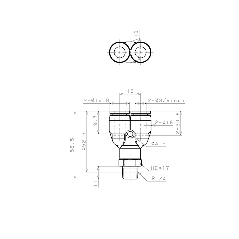 Đầu Nối Nhanh Khí Nén Dạng Chữ Y Ren Ngoài Pisco PPX3/8-02_drawing