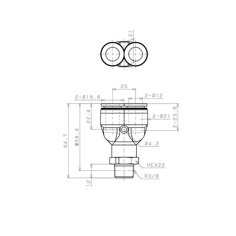 Đầu Nối Nhanh Khí Nén Dạng Chữ Y Ren Ngoài Pisco PPX12-03-UC_drawing