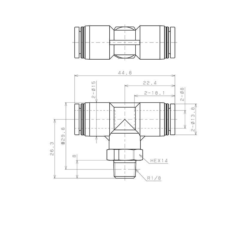 Đầu Nối Nhanh Khí Nén Dạng Chữ T Ren Ngoài Pisco PPB8-01_drawing