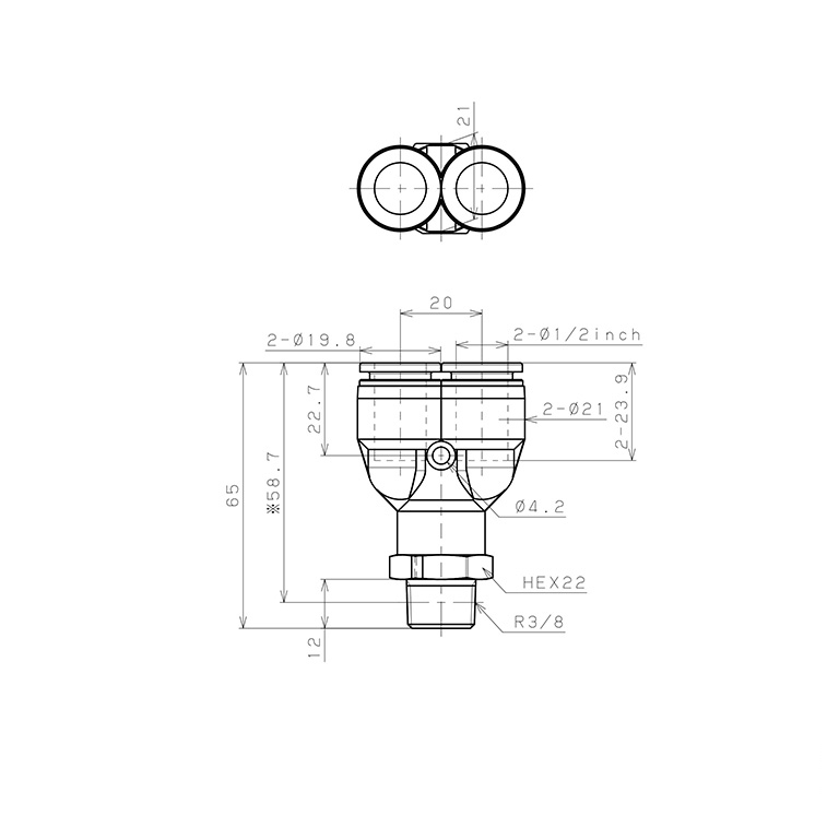 Đầu Nối Nhanh Khí Nén Dạng Chữ Y Ren Ngoài Pisco PPX1/2-03_drawing