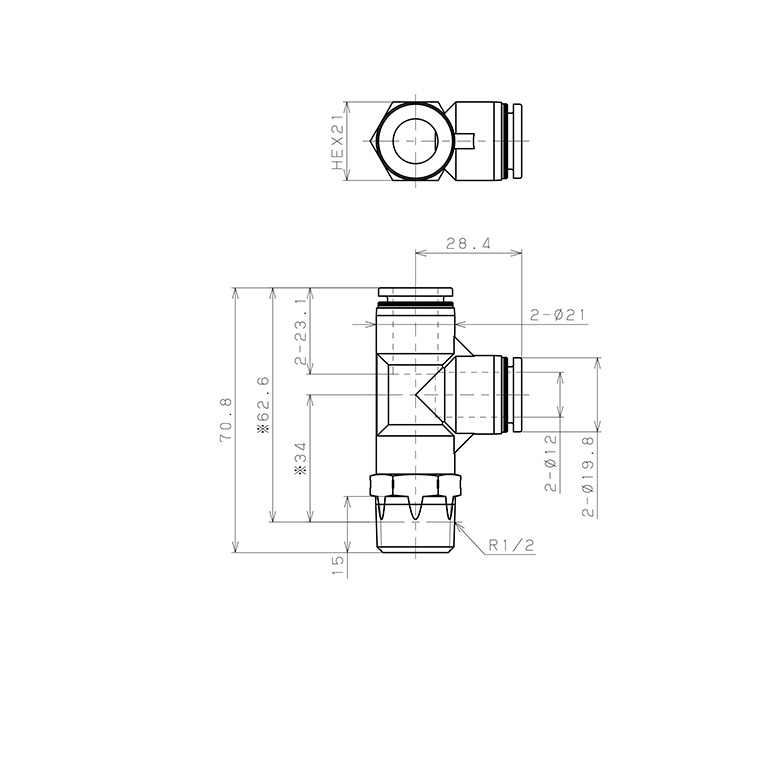 Đầu Nối Nhanh Khí Nén Dạng Chữ T Ren Ngoài Pisco PPD12-04SUS_drawing