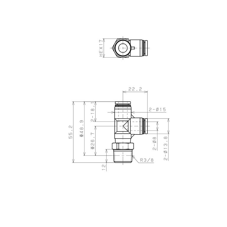 Đầu Nối Nhanh Khí Nén Dạng Chữ T Ren Ngoài Pisco PPD8-03-TP_drawing