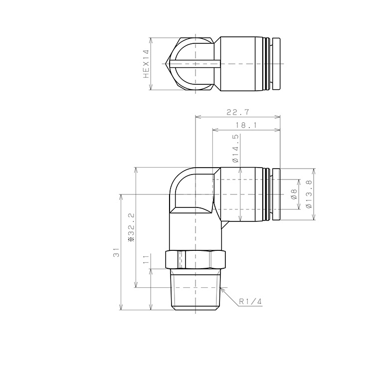 Đầu Nối Nhanh Khí Nén Dạng Cong 90° Ren Ngoài Pisco PPL8-02-TP-C_drawing