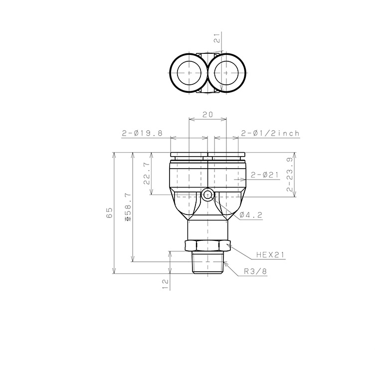 Đầu Nối Nhanh Khí Nén Dạng Chữ Y Ren Ngoài Pisco PPX1/2-03SUS_drawing