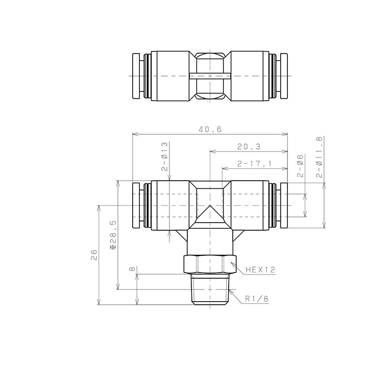 Đầu Nối Nhanh Khí Nén Dạng Chữ T Ren Ngoài Pisco PPB6-01_drawing