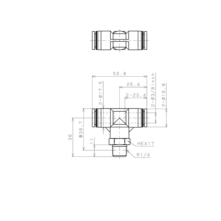 Đầu Nối Nhanh Khí Nén Dạng Chữ T Ren Ngoài Pisco PPB3/8-02SUS_drawing
