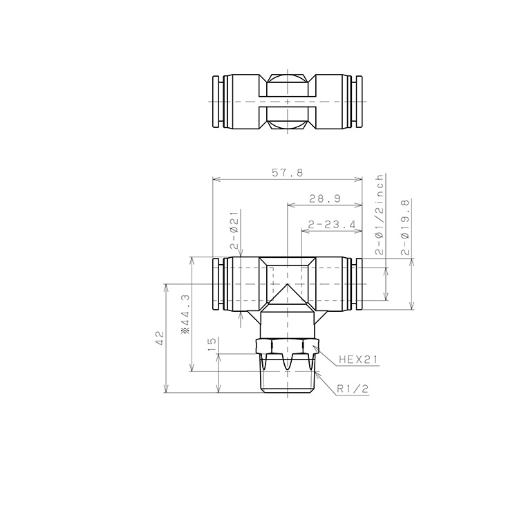 Đầu Nối Nhanh Khí Nén Dạng Chữ T Ren Ngoài Pisco PPB1/2-04SUS_drawing