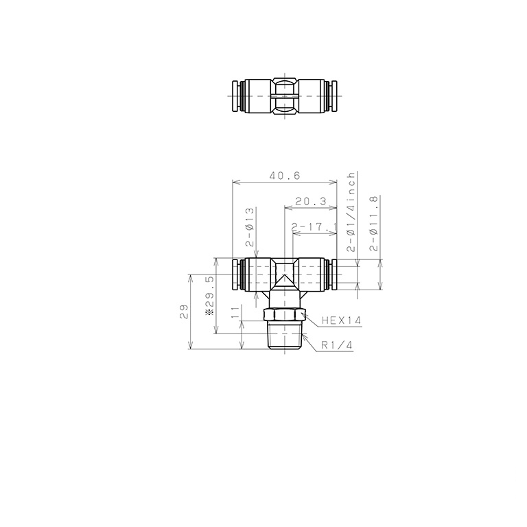 Đầu Nối Nhanh Khí Nén Dạng Chữ T Ren Ngoài Pisco PPB1/4-02SUS-S_drawing