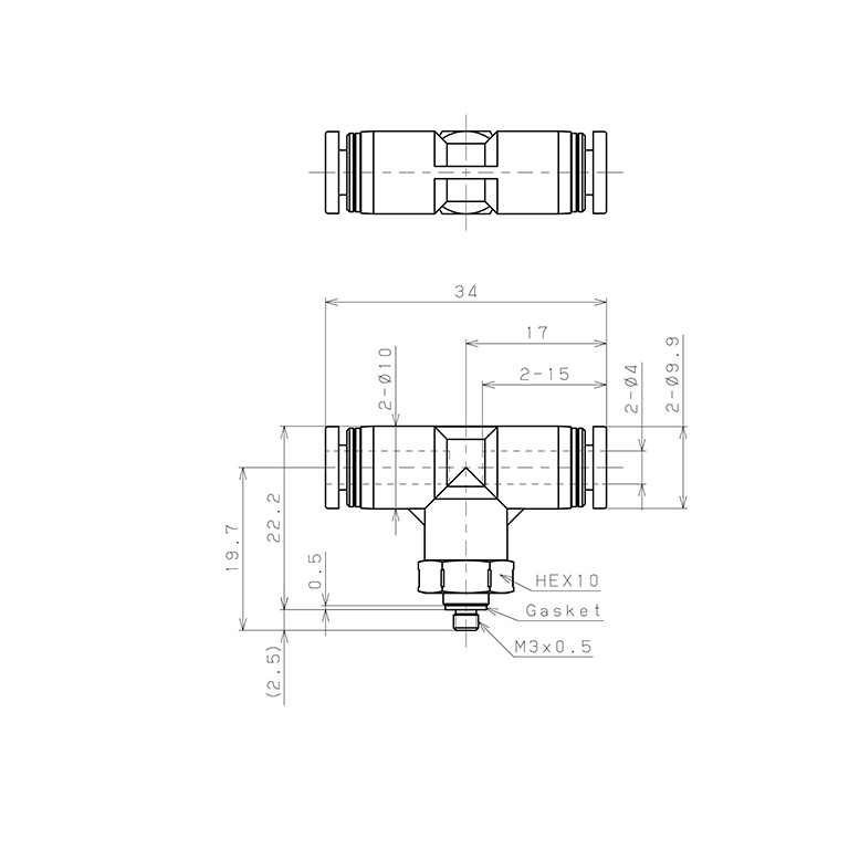 Đầu Nối Nhanh Khí Nén Dạng Chữ T Ren Ngoài Pisco PPB4-M3SUS_drawing