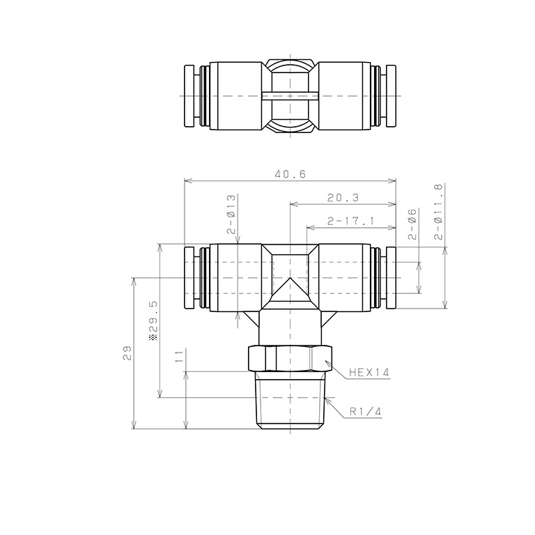 Đầu Nối Nhanh Khí Nén Dạng Chữ T Ren Ngoài Pisco PPB6-02-TP-C_drawing