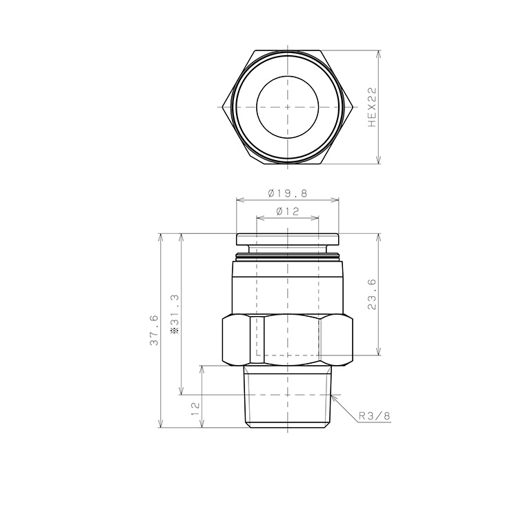 Đầu Nối Nhanh Khí Nén Dạng Thẳng Thân Lục Giác Ren Ngoài Pisco PPC12-03-HN_drawing