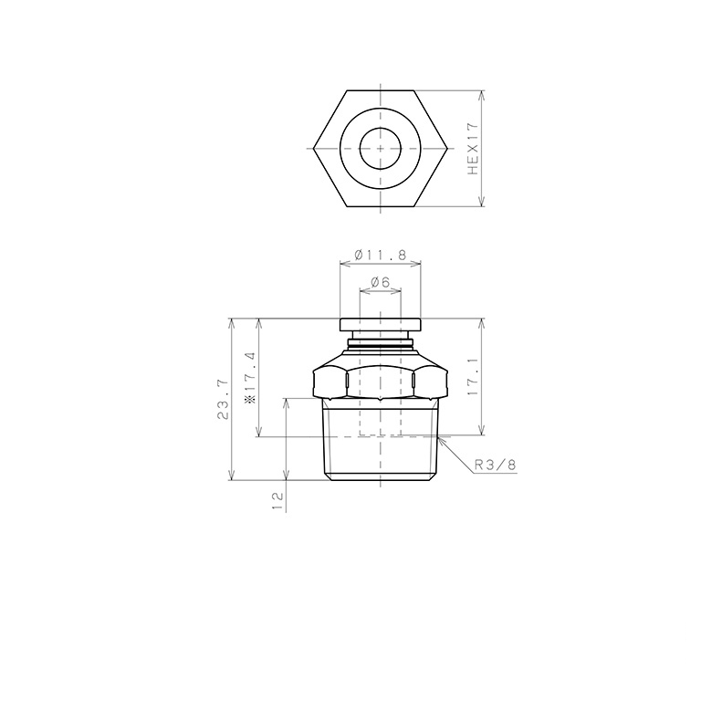 Đầu Nối Nhanh Khí Nén Dạng Thẳng Thân Lục Giác Ren Ngoài Pisco PPC6-03SUS-HN-UC_drawing