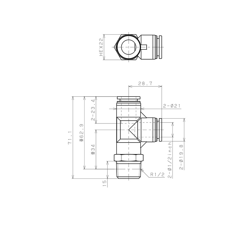 Đầu Nối Nhanh Khí Nén Dạng Chữ T Ren Ngoài Pisco PPD1/2-04-F_drawing
