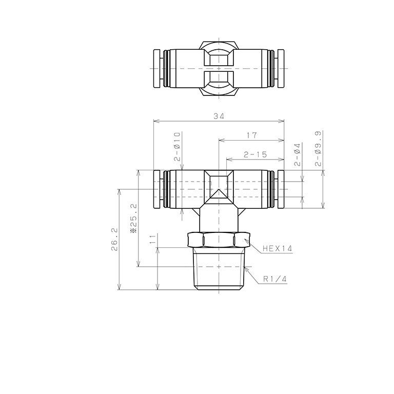 Đầu Nối Nhanh Khí Nén Dạng Chữ T Ren Ngoài Pisco PPB4-02SUS-C_drawing