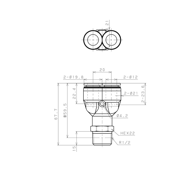 Đầu Nối Nhanh Khí Nén Dạng Chữ Y Ren Ngoài Pisco PPX12-04_drawing