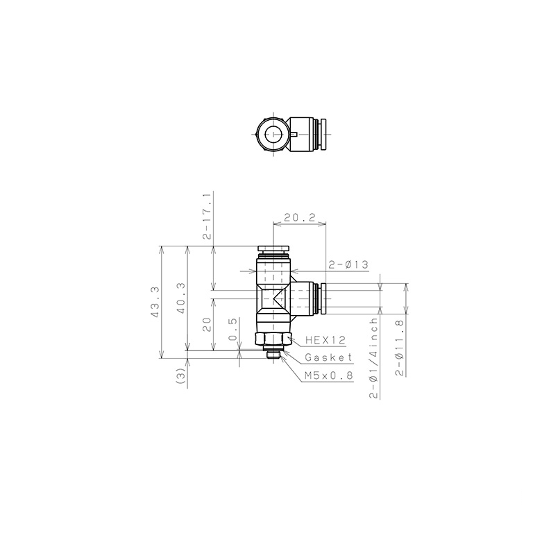 Đầu Nối Nhanh Khí Nén Dạng Chữ T Ren Ngoài Pisco PPD1/4-M5SUS_drawing
