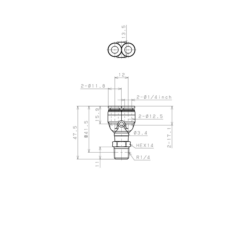 Đầu Nối Nhanh Khí Nén Dạng Chữ Y Ren Ngoài Pisco PPX1/4-02SUS_drawing