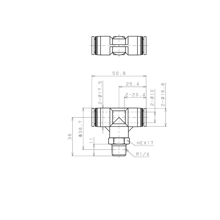 Đầu Nối Nhanh Khí Nén Dạng Chữ T Ren Ngoài Pisco PPB10-02SUS_drawing