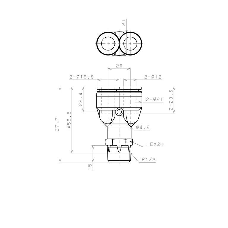 Đầu Nối Nhanh Khí Nén Dạng Chữ Y Ren Ngoài Pisco PPX12-04SUS_drawing