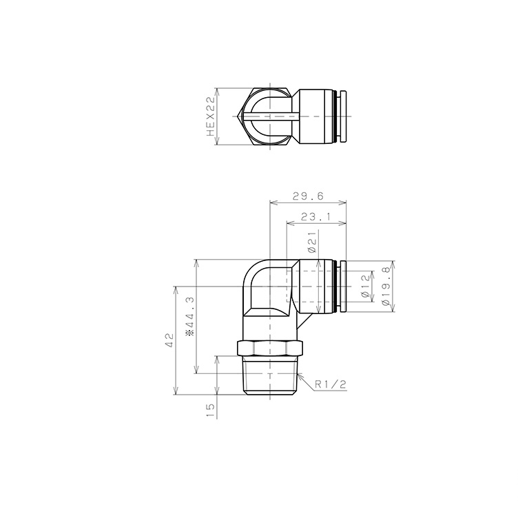 Đầu Nối Nhanh Khí Nén Dạng Cong 90° Ren Ngoài Pisco PPL12-04-TP_drawing