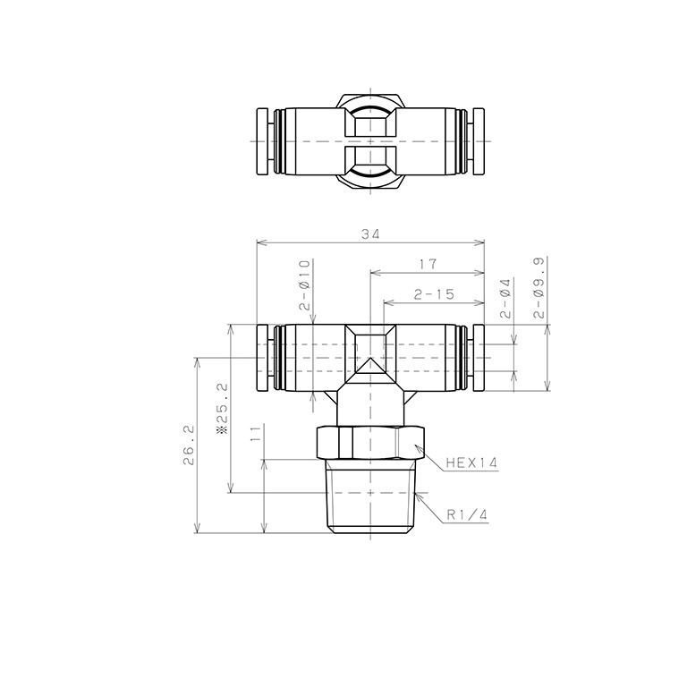 Đầu Nối Nhanh Khí Nén Dạng Chữ T Ren Ngoài Pisco PPB4-02-TP_drawing
