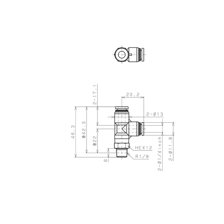 Đầu Nối Nhanh Khí Nén Dạng Chữ T Ren Ngoài Pisco PPD1/4-01-F_drawing