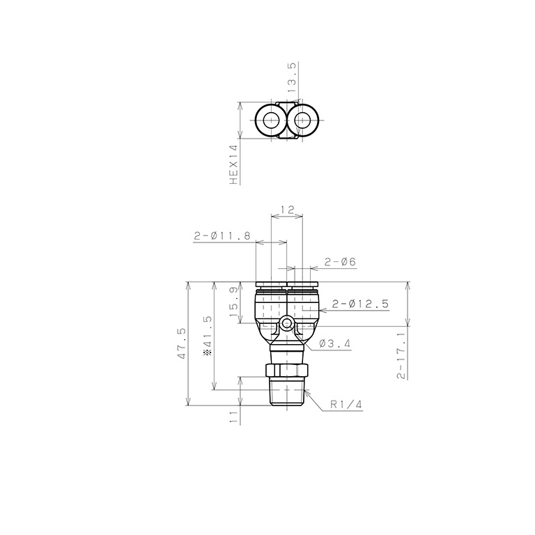 Đầu Nối Nhanh Khí Nén Dạng Chữ Y Ren Ngoài Pisco PPX6-02-UC_drawing