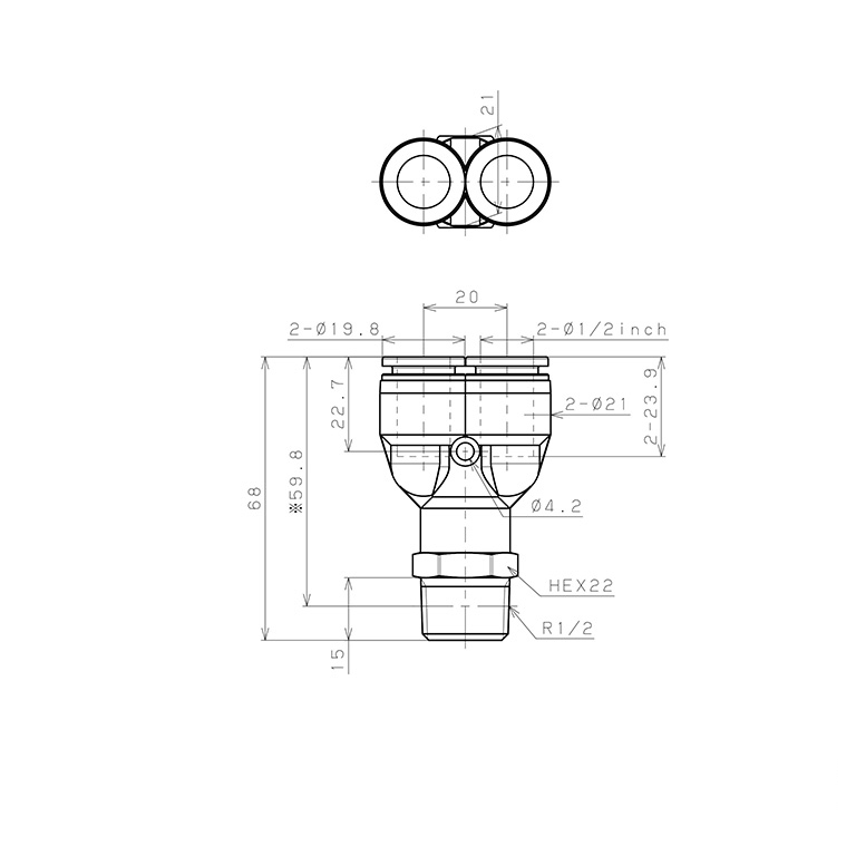 Đầu Nối Nhanh Khí Nén Dạng Chữ Y Ren Ngoài Pisco PPX1/2-04_drawing