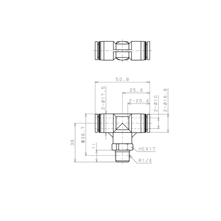 Đầu Nối Nhanh Khí Nén Dạng Chữ T Ren Ngoài Pisco PPB10-02-TP_drawing