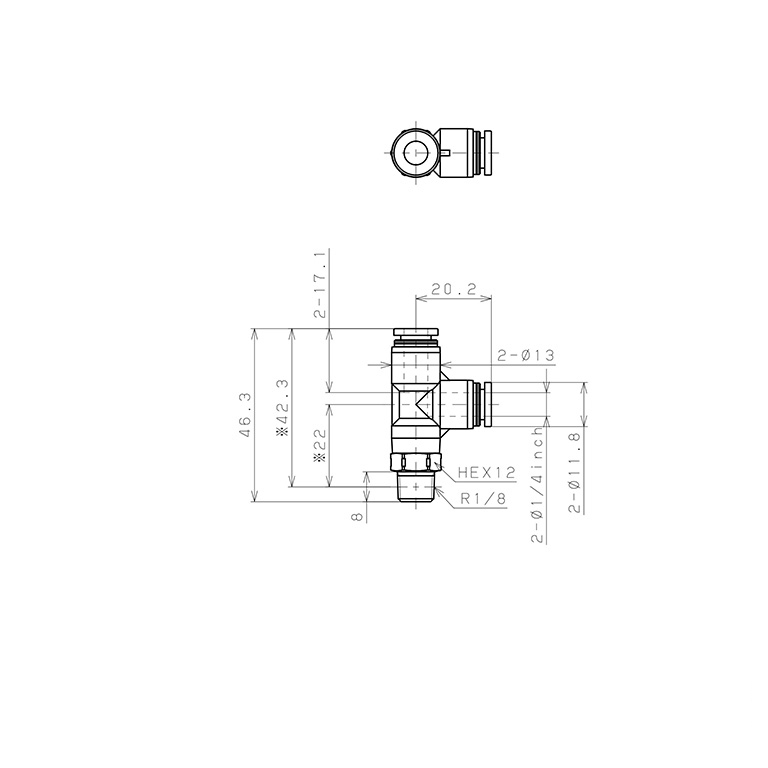 Đầu Nối Nhanh Khí Nén Dạng Chữ T Ren Ngoài Pisco PPD1/4-01SUS-S_drawing