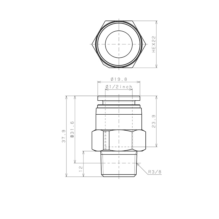 Đầu Nối Nhanh Khí Nén Dạng Thẳng Thân Lục Giác Ren Ngoài Pisco PPC1/2-03-F_drawing
