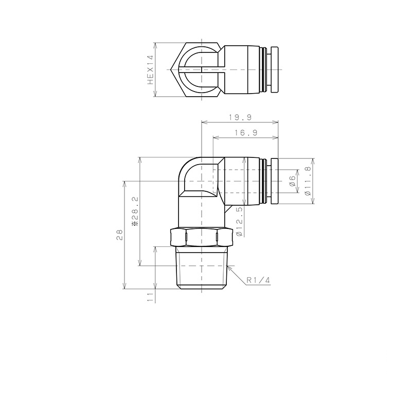 Đầu Nối Nhanh Khí Nén Dạng Cong 90° Ren Ngoài Pisco PPL6-02SUS-S-UC_drawing