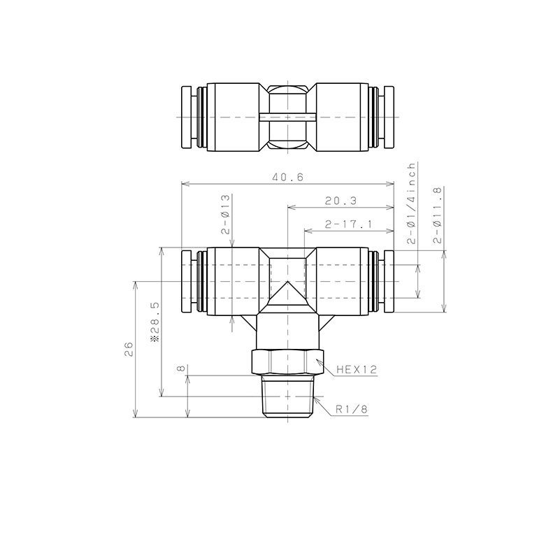 Đầu Nối Nhanh Khí Nén Dạng Chữ T Ren Ngoài Pisco PPB1/4-01_drawing