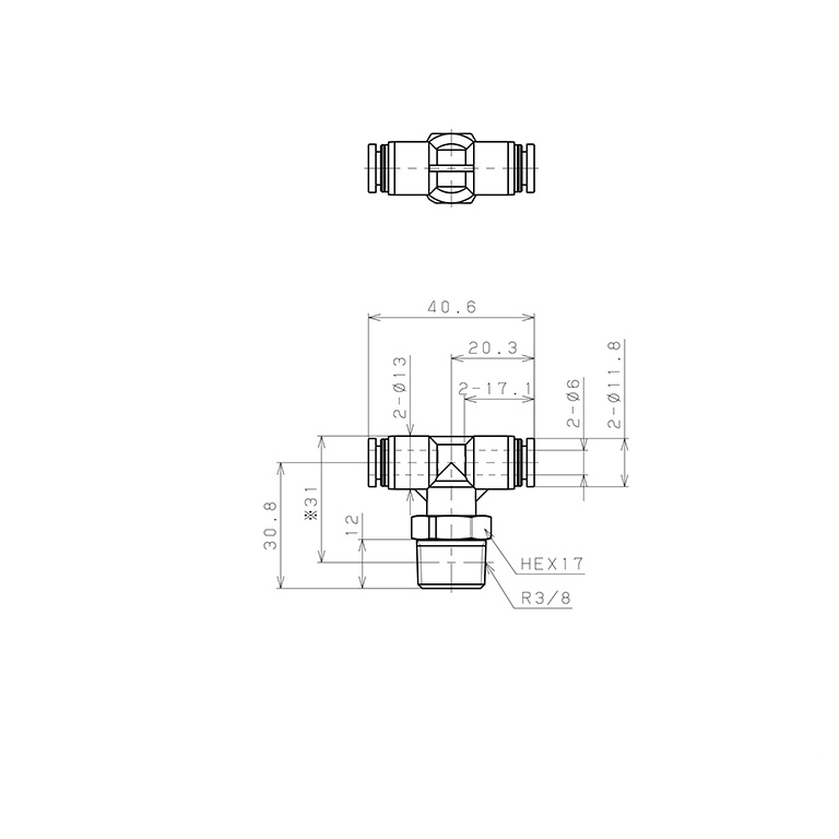 Đầu Nối Nhanh Khí Nén Dạng Chữ T Ren Ngoài Pisco PPB6-03-C_drawing