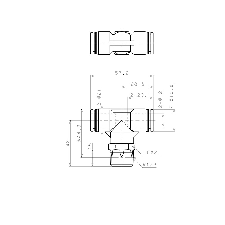 Đầu Nối Nhanh Khí Nén Dạng Chữ T Ren Ngoài Pisco PPB12-04SUS_drawing