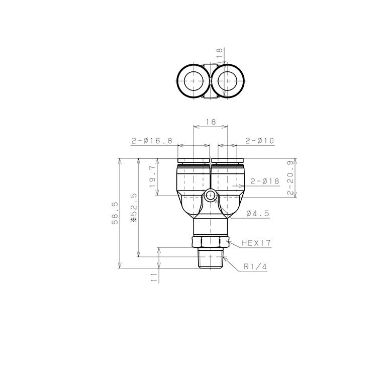 Đầu Nối Nhanh Khí Nén Dạng Chữ Y Ren Ngoài Pisco PPX10-02SUS-C_drawing