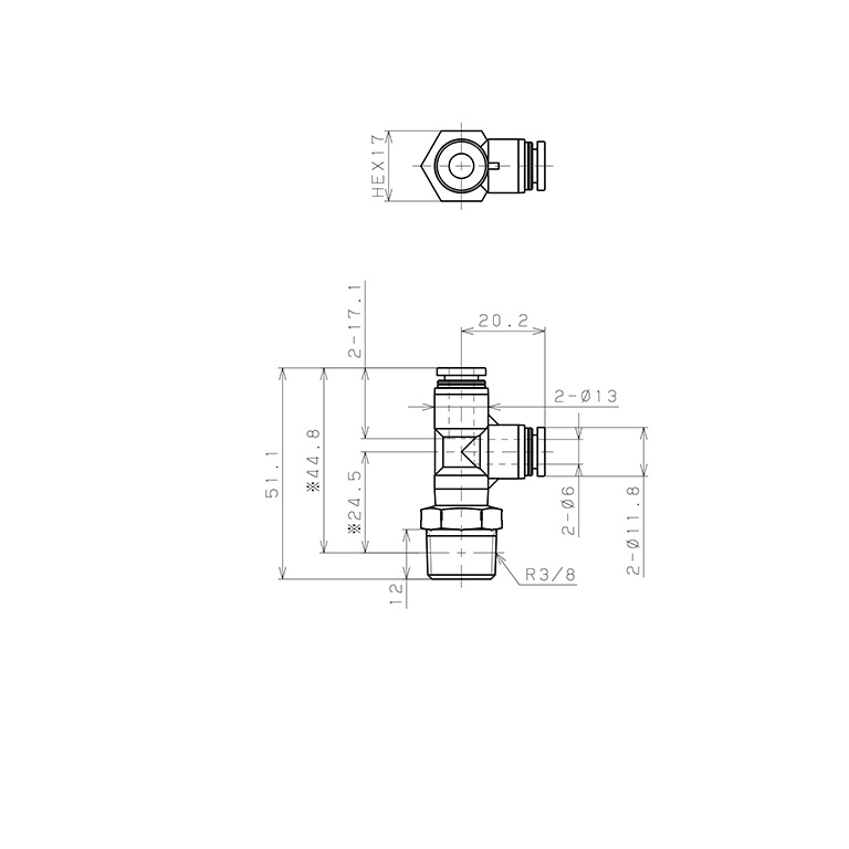 Đầu Nối Nhanh Khí Nén Dạng Chữ T Ren Ngoài Pisco PPD6-03SUS-TP_drawing