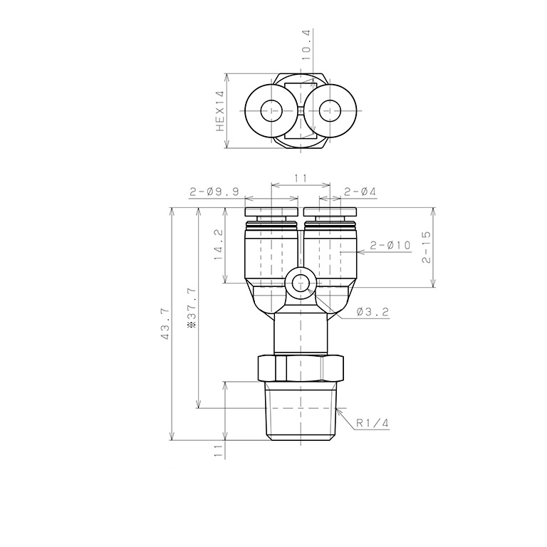 Đầu Nối Nhanh Khí Nén Dạng Chữ Y Ren Ngoài Pisco PPX4-02-TP_drawing